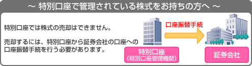 ～特別口座で管理されている株式をお持ちの方へ～●特別口座では株式の売却はできません。●売却するには、特別口座から証券会社の口座への口座振替手続を行う必要があります。